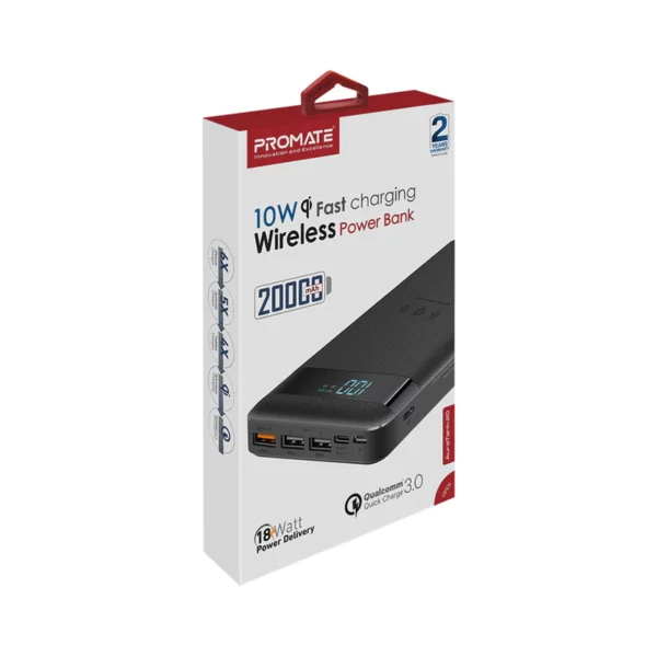 Promate Aura Tank20000 mAh power bank with Qi Wireless Charging, 20 Watt PD & Qc 3.0